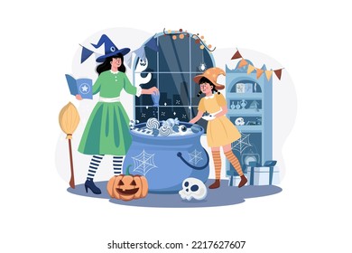 Mother And Daughter Are Preparing Food For The Halloween Party