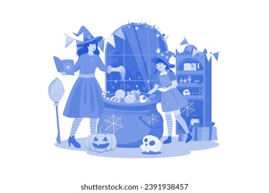 Mother And Daughter Are Preparing Food For The Halloween Party.