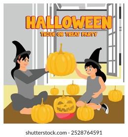 Mother and daughter are preparing for Halloween. Family celebrating Halloween at home. Halloween concept. Flat vector illustration.