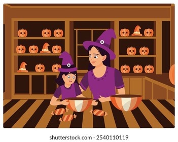 Mother and daughter preparing for Halloween at home. Mother and daughter cooking party dishes in the kitchen. Halloween concept. Flat vector illustration.