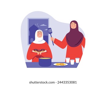 Mother and daughter are preparing for iftar during the month of Ramadan at home. Character design. Vector flat illustration
