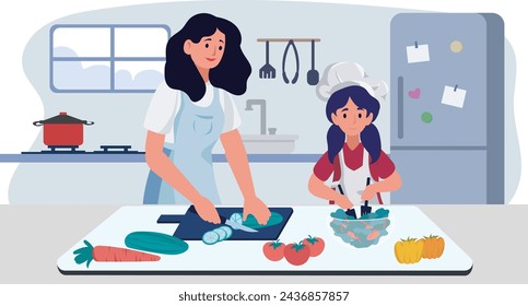 Mother and daughter preparing meal together in kitchen.They collaborate to cook. Vector illustration.