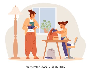 Mother and daughter preparing for school picking up school bag together at home flat vector illustration.