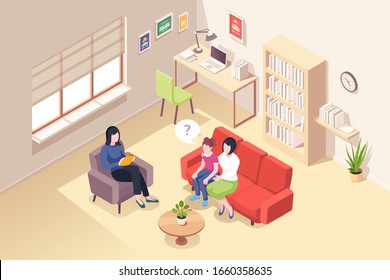 Mother and daughter at psychologist counseling, people at psychologist counselor couch, vector isometric design. Woman and teenager kid at psychology therapy session for relationship problem