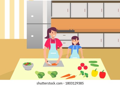Mother and daughter quality time  vector concept: Mother and daughter cooking vegetables together in the kitchen
