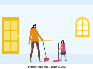 Mother daughter quality time vector concept: Little girl helping her mother by sweeping the floor with a broom at home