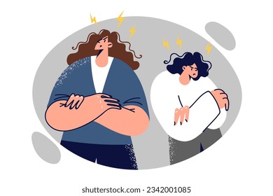 Mother and daughter quarreled over disagreement, stand with arms crossed and needing help of psychologist. Two young women quarreled or feel resentment after quarreling over news or politics