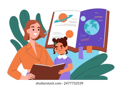 Madre con hija leyó sobre el espacio. Mamá e hija leyendo un libro. Astrología y Astronomía. Cuentos de hadas educativos para preescolares. Ilustración vectorial plana de dibujos animados aislada sobre fondo blanco