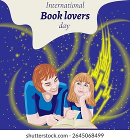 Mãe e filha leem livro. Céu noturno com castelo e luz mágica. Dia Internacional dos Amantes do Livro. Modelo quadrado. Ilustração isolada de vetor.