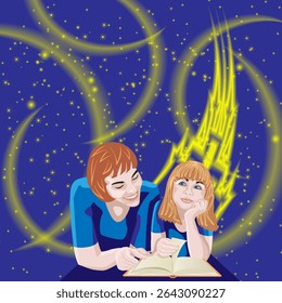 Mãe e filha leem o livro juntas. Céu noturno com castelo e luz mágica. Dia Internacional dos Amantes do Livro. Faixa. Ilustração isolada de vetor.