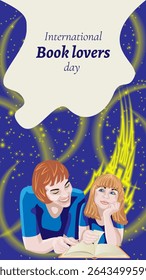 Mãe e filha leem o livro juntas. Céu noturno com castelo e luz mágica. Dia Internacional dos Amantes do Livro. Ilustração vetorial isolada vertical.