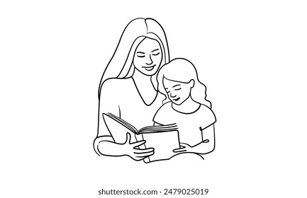 Madre e hija leyendo un libro de arte en línea continua dibujo aislado sobre fondo blanco. Ilustración vectorial