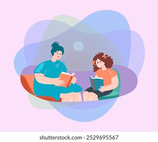 Mother and daughter reading book flat vector illustration. Mom studying with kid. Education, family, knowledge, motherhood, happiness concept for banner, website design or landing web page