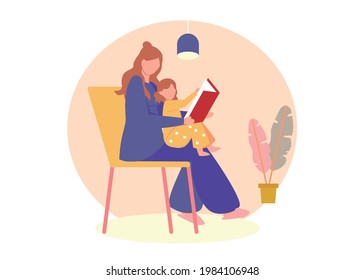Mother and Daughter Reading Book - Graphic Illustration
