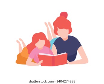 Mother and Daughter Reading Book, Mom and Kid Spending Time Together at Home Vector Illustration