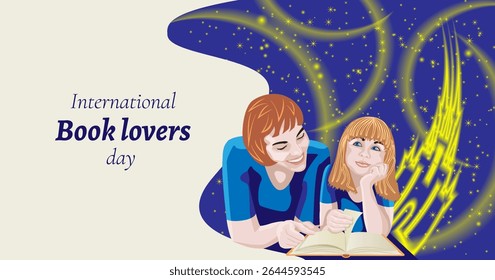 Mãe e filha lendo livro. Céu noturno com castelo e luz mágica. Dia Internacional dos Amantes do Livro. Ilustração vetorial isolada horizontal.