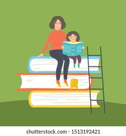 Mother with daughter reading book sitting on stack of books. Education, studying, learning, homeschooling concept vector illustration. 