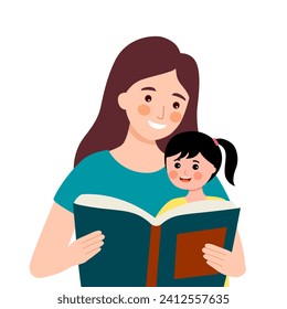 Mother and daughter reading book together. Young adult caring mom, nanny or babysitter. 