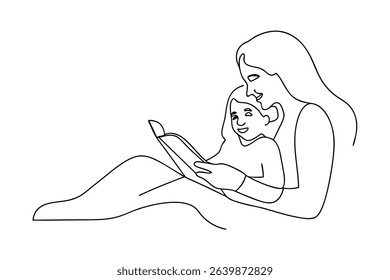 Mother and daughter reading book together line drawing illustration