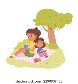 Mother and daughter reading books together in green summer park or garden vector illustration. Cartoon mom and little kid sitting on blanket under tree, holding story books to read literature