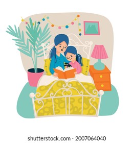 Mother and daughter reading composition with child bedroom scenery and mother reading out book to daughter vector illustration