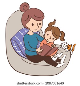 Mother daughter reading sofa vector graphic illustration