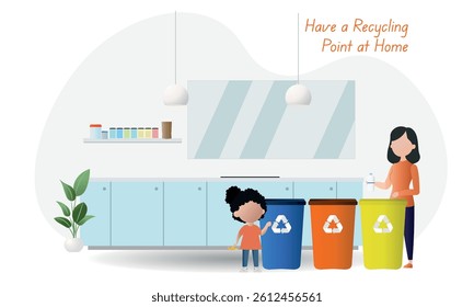 Mother and daughter recycling domestic waste in the kitchen, using separate bins for plastic, paper, and organic materials to promote sustainability