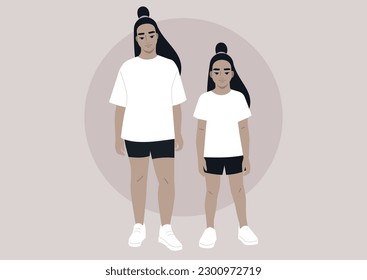 Mother daughter relationships, two characters wearing identical haircuts and clothes, relatives from different generations