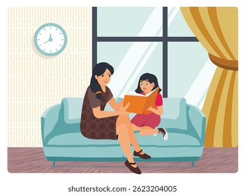 Mother and daughter relax and spend quality time together reading a book on the comfortable living room sofa. Reading children concept. Flat vector illustration 
