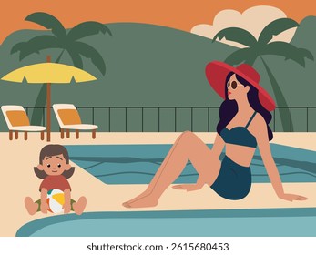 Mother and daughter relaxing by the pool