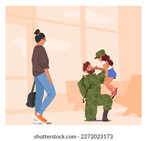 Mother And Daughter Reunite With Their Soldier Dad Who Is In Uniform. Joy Of Homecoming, Military Families Life, Happy Family Meeting Father And Husband Coming Home. Cartoon People Vector Illustration