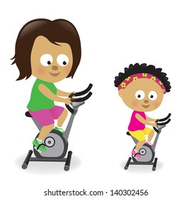 Mother and daughter riding exercise bikes 2