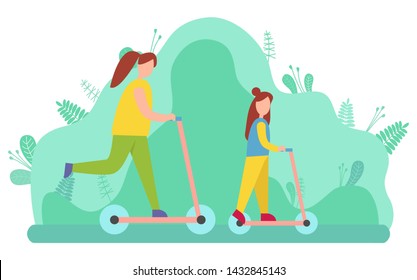 Mother and daughter riding scooter together in park. Female parent and young child spending free time outdoors. Summer activities, family leisure vector