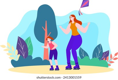 Mother and daughter roller skating in the park. Happy family outdoor activity and recreation together. Motherhood and child bonding vector illustration.
