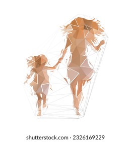 Mother with daughter running, isolated low polygonal vector illustration, geometric drawing from triangles