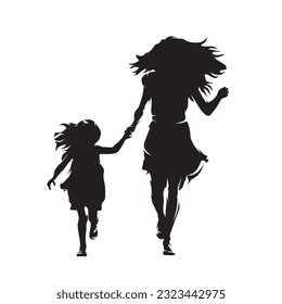 Mother with daughter running, isolated vector silhouette