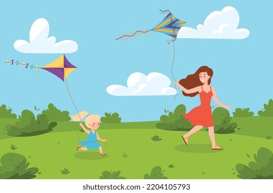 Mother and daughter running at park with flying kites flat style, vector illustration. Family pastime, active recreation, happy characters. Parent and child having fun together