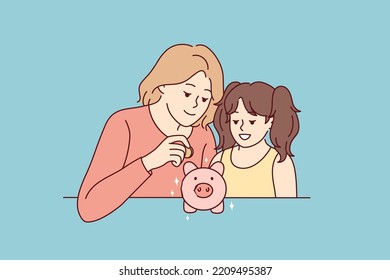 Mother and daughter saving money in piggybank. Mom and girl child put coin in piggy bank make financial investment for future. Banking. Vector illustration. 