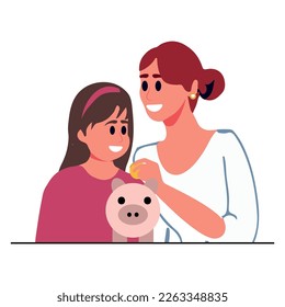 Mother and daughter saving money in piggybank. Mom and girl child put coin in piggy bank make financial investment for future. Banking. Vector illustration.