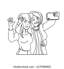 mother daughter selfie vector. family happy child, young mom, adult woman, mobile photo mother daughter selfie character. people black line pencil drawing vector illustration