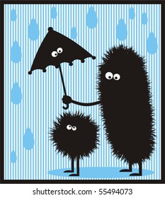 Mother and daughter - shaggy monsters with an umbrella under the rain.Vector illustration.