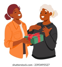 Mother And Daughter Share Joy, Smiles, And Love As They Exchange Heartfelt Gifts, Creating Precious Moments That Sparkle With The Warmth Of Their Special Bond. Cartoon People Vector Illustration