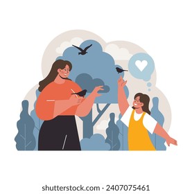 Mother and daughter sharing a joyful moment with birds in nature. Celebrating love and happiness amidst serene surroundings. Bonding, nature's bliss, and childhood wonder. Flat vector illustration