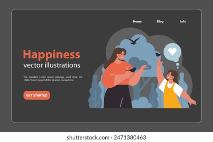 Mother and daughter sharing a joyful moment with birds in nature. Celebrating love and happiness amidst serene surroundings. Bonding, nature's bliss, and childhood wonder. Flat vector illustration