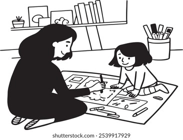 A mother and daughter are sharing a joyful moment drawing together on the floor. The black and white illustration captures a bonding experience through creativity and learning.
