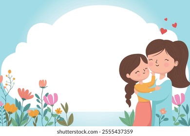 Mother and daughter sharing a loving hug with floral background, vector illustration.