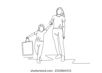Mother and daughter shopping. Shopping with family concept one-line drawing