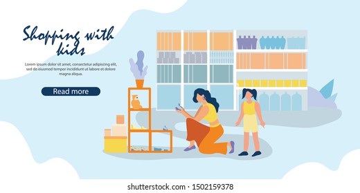 Mother and Daughter Shopping in Supermarket. Woman Stand on Knee at Shelf with Kids Footwear Look on Shoes for Girls in Footgear Department in Store Cartoon Flat Vector Illustration, Horizontal Banner