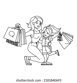 mother daughter shopping vector. family happy girl, woman mall, mom child shop mother daughter shopping character. people black line pencil drawing vector illustration