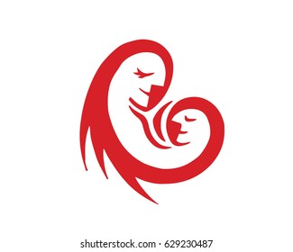 Mother And Daughter Silhouette Forming A Red Love Bounding Symbol